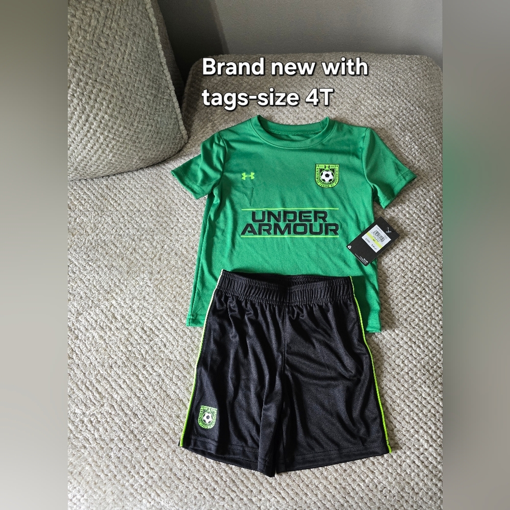 Under Armour Green Soccer Tee and Black Shorts Set - Kids